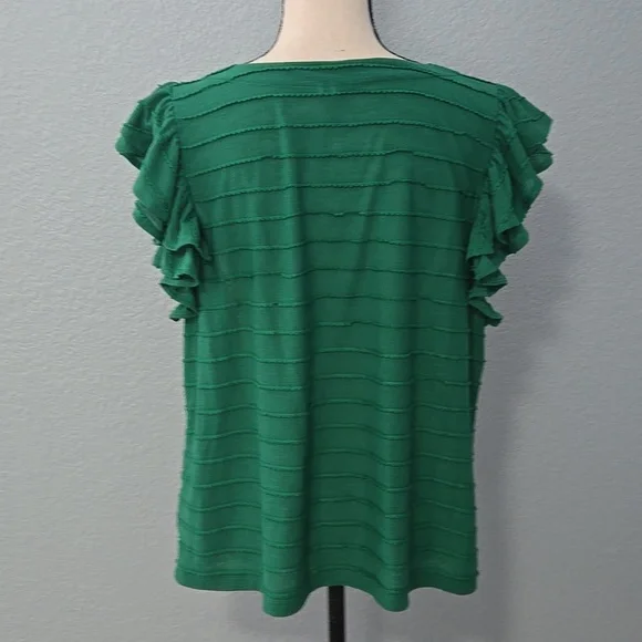 ANTHROPOLOGIE Double Ruffle Emerald Short Sleeve Blouse Top Rounded Neck Sz XL - Picture 7 of 11